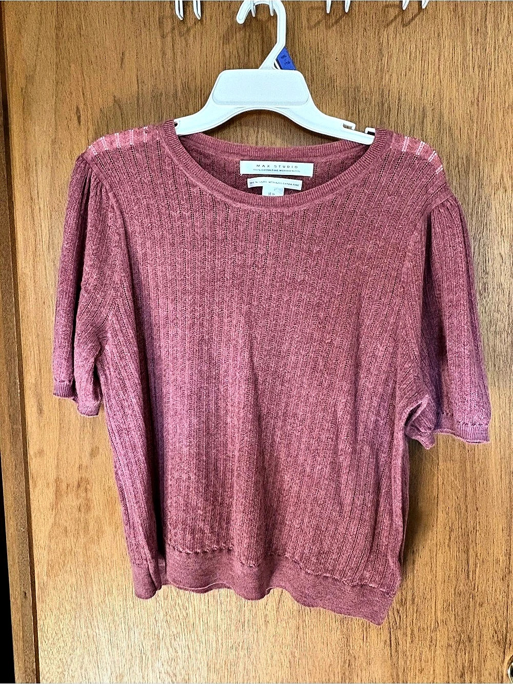 Max Studio Merino Wool Short Sleeve Sweater in Pink